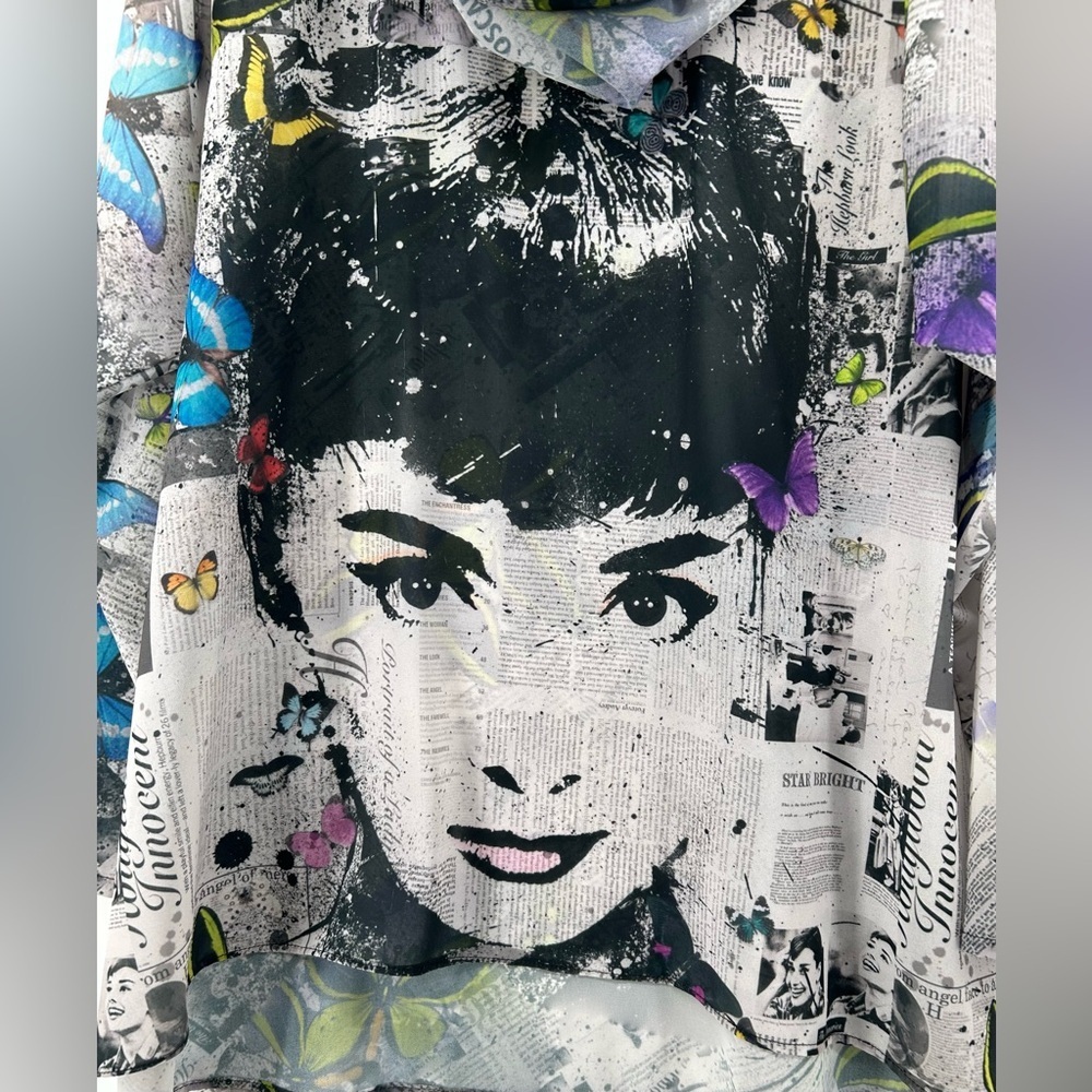Artistic Y2K Retro Audrey Hepburn Butterfly Newspaper Print Cowl Neck Tunic Sz S - Picture 4 of 11